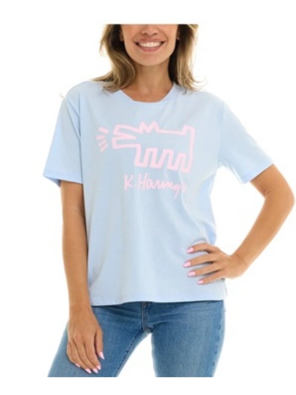 NWT Keith Haring Light Blue Graphic Tee with Pink Logo